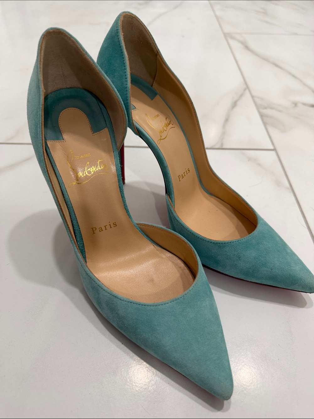 Christian Louboutin Teal Suede Pointed Toe Pumps with Red Sole